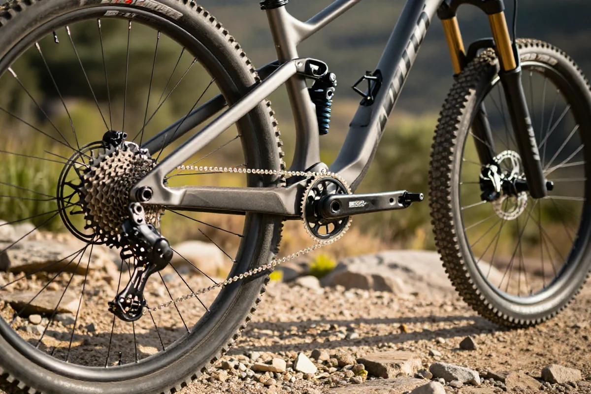 Szczegóły roweru górskiego na tle naturalnego krajobrazu.