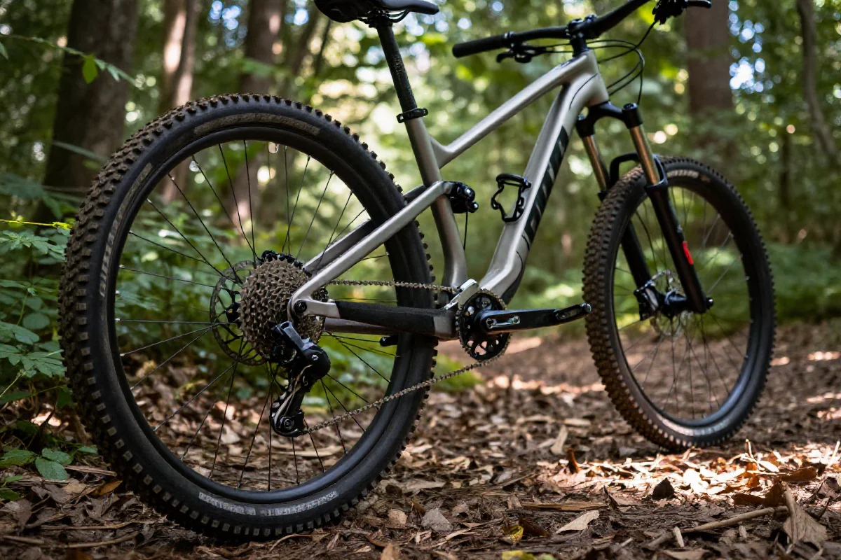 Rower górski w lesie, gotowy na przygodę, z widocznymi detalami technicznymi.