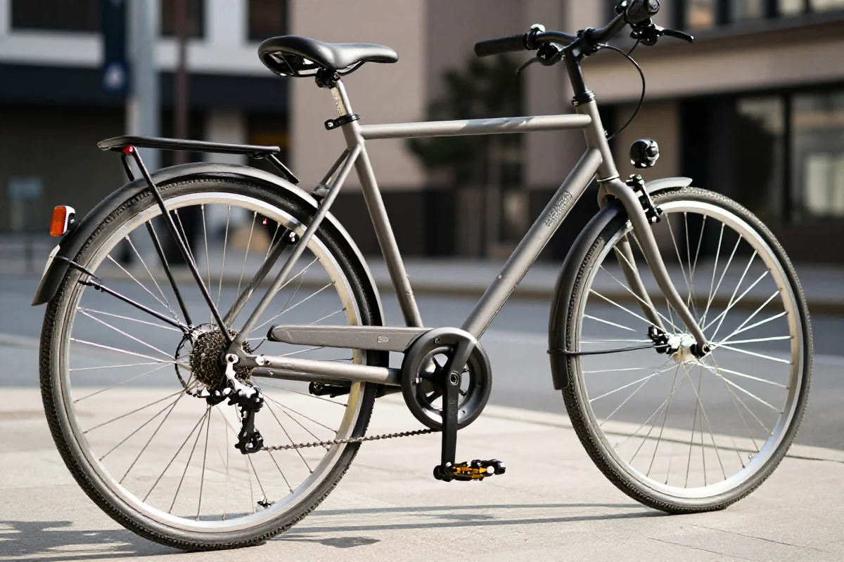 Rower miejski z detalami na ramie i kołach, idealny do jazdy w słońcu.