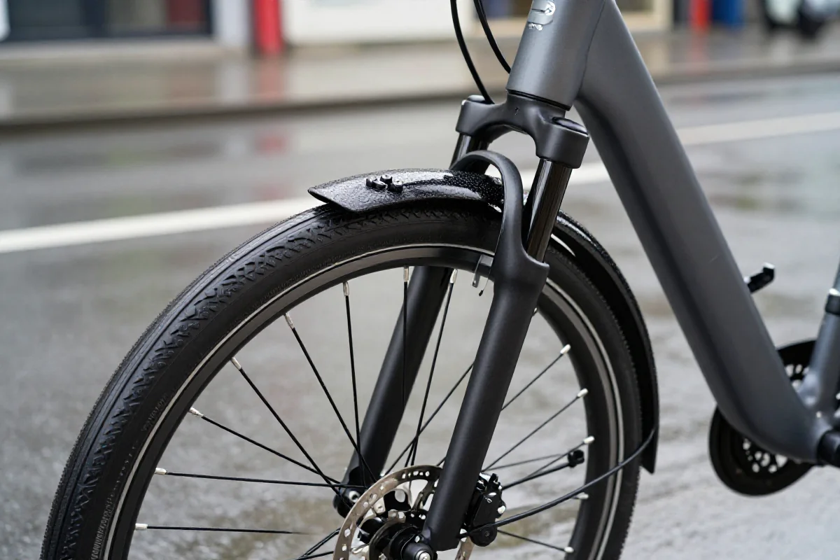 Nowoczesny rower elektryczny z błotnikami, chroniący przed warunkami atmosferycznymi.