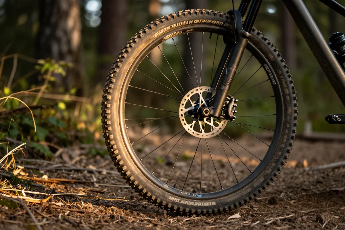 Zbliżenie na oponę roweru górskiego na szlaku w lesie.