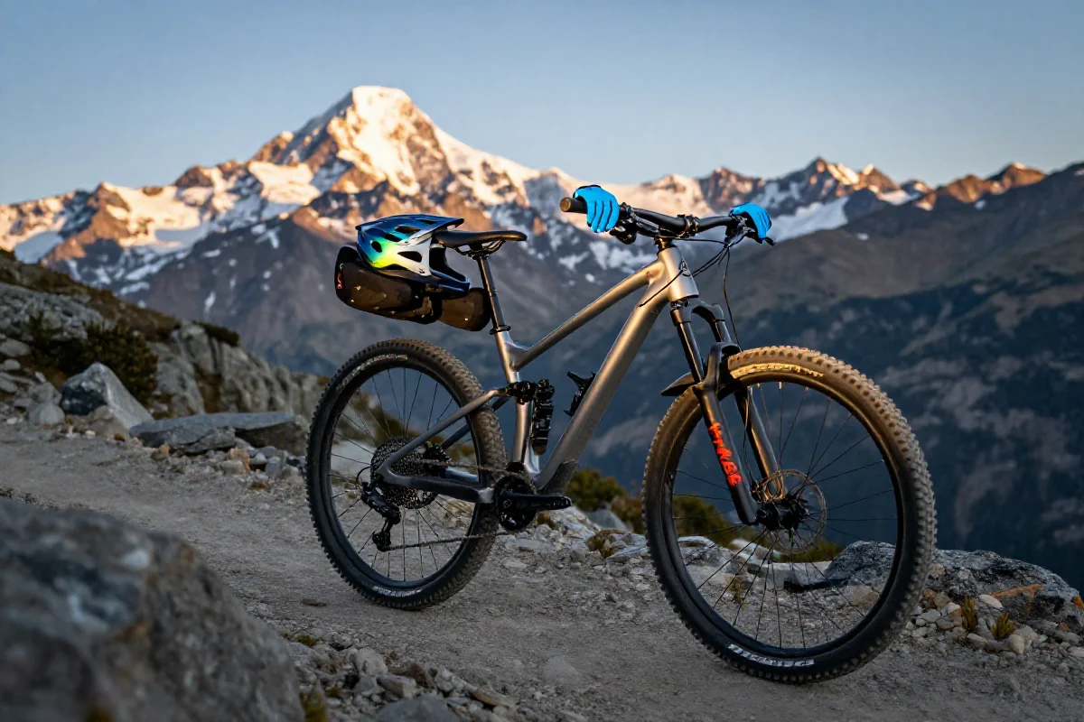 Rower górski z akcesoriami ochrony UV na górskim szlaku.