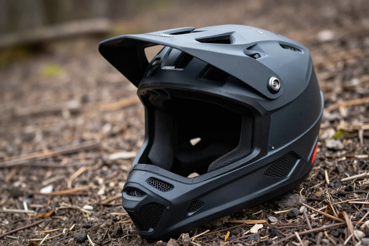 Kask fullface do downhill MTB z widocznymi detalami ochrony i wentylacji
