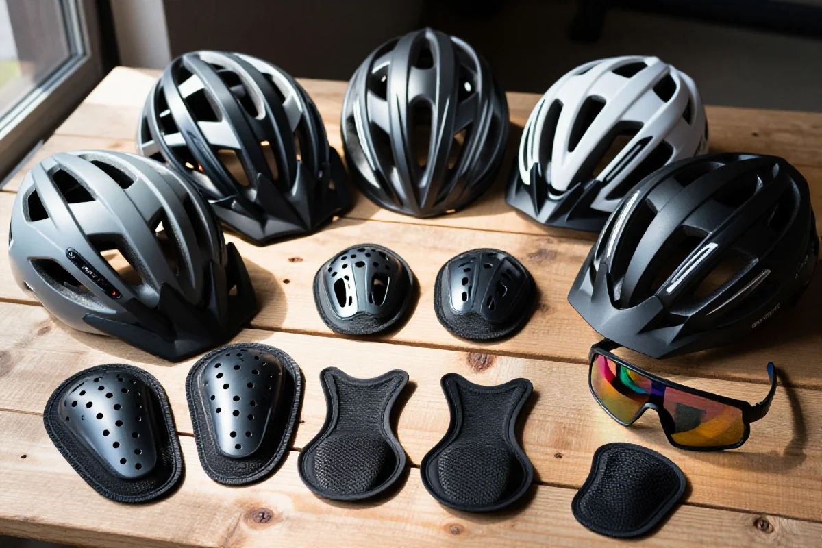 Zestaw kasków, ochraniaczy i okularów MTB dla bezpieczeństwa rowerzystów.