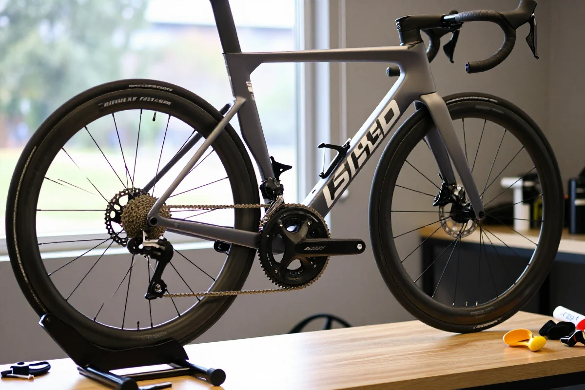 Szczegółowy widok nowoczesnego roweru szosowego w warsztacie rowerowym