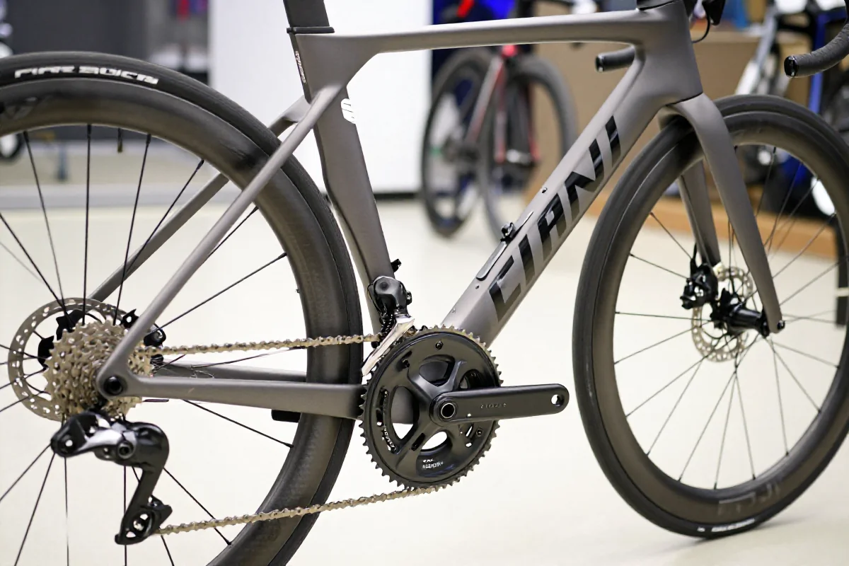 Szczegółowy widok ramy roweru sportowego z precyzyjnymi komponentami.