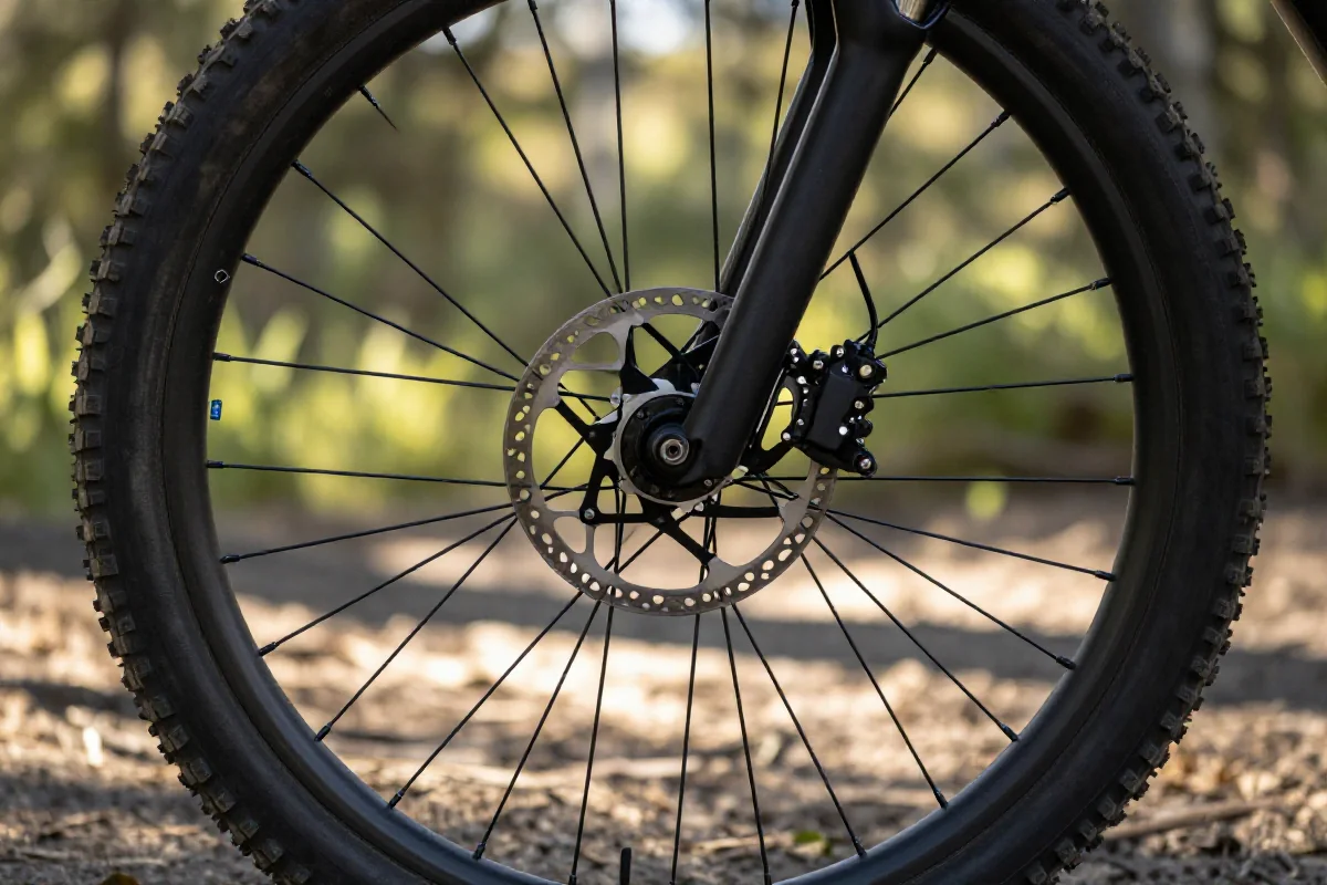 Zbliżenie na koło górskiego roweru i system hamulcowy, szczegóły techniczne.