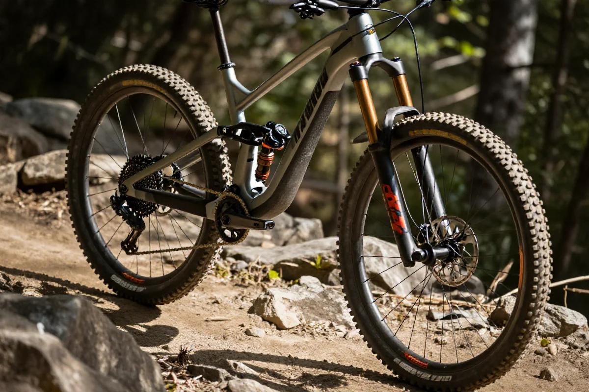 Nowoczesny rower górski na trudnym szlaku, podkreślający zaawansowane komponenty.