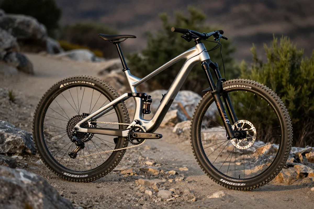 Lekki rower górski enduro na skalistej trasie, idealny do zjazdów i podjazdów.