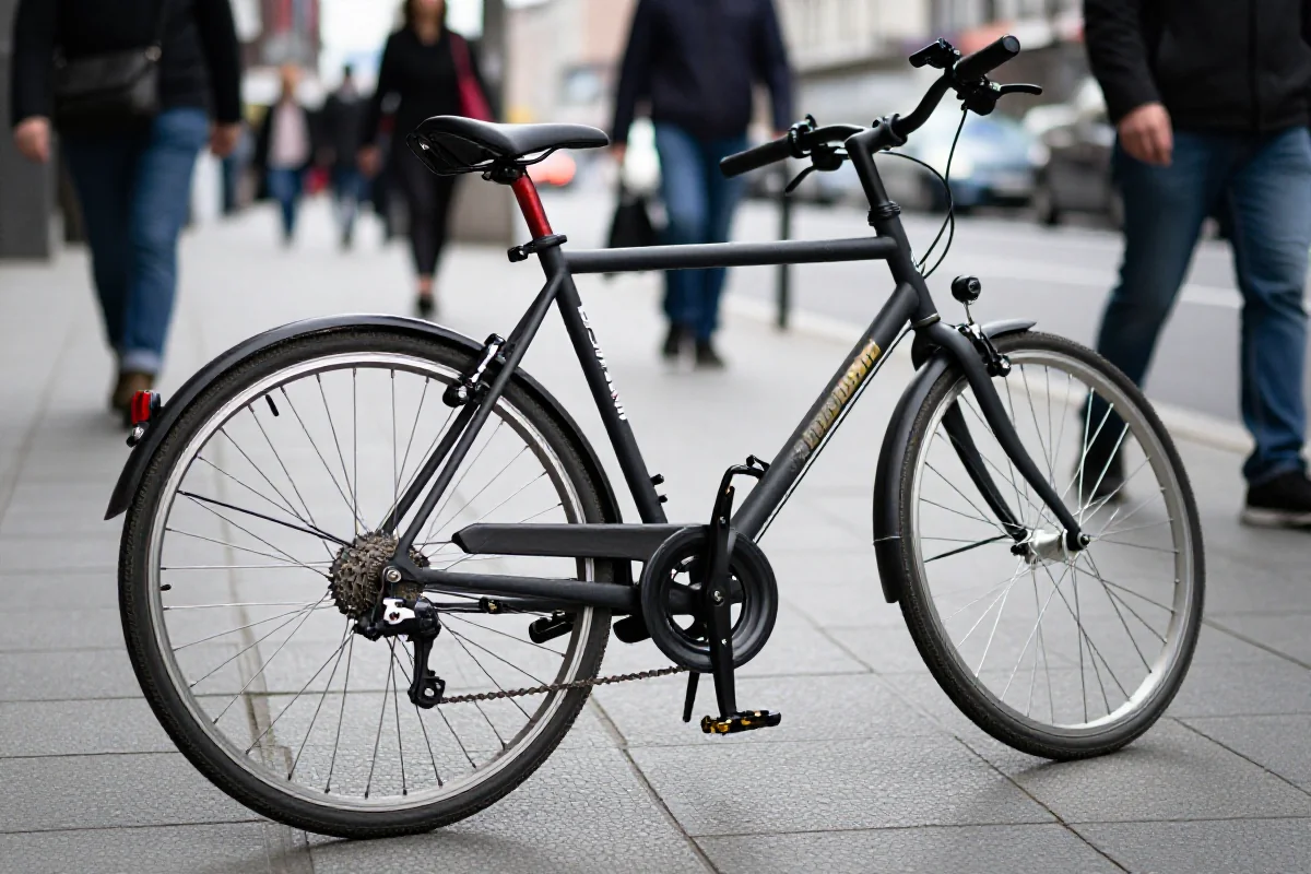 Rower na chodniku w mieście, przedstawiający komponenty i szczegóły techniczne.