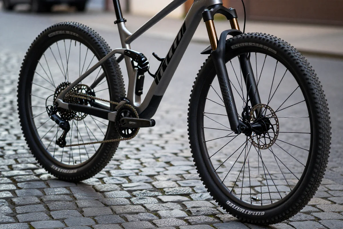 Nowoczesny rower górski na brukowanej ulicy, pokazujący szczegóły odpowiedzialności rowerzysty.