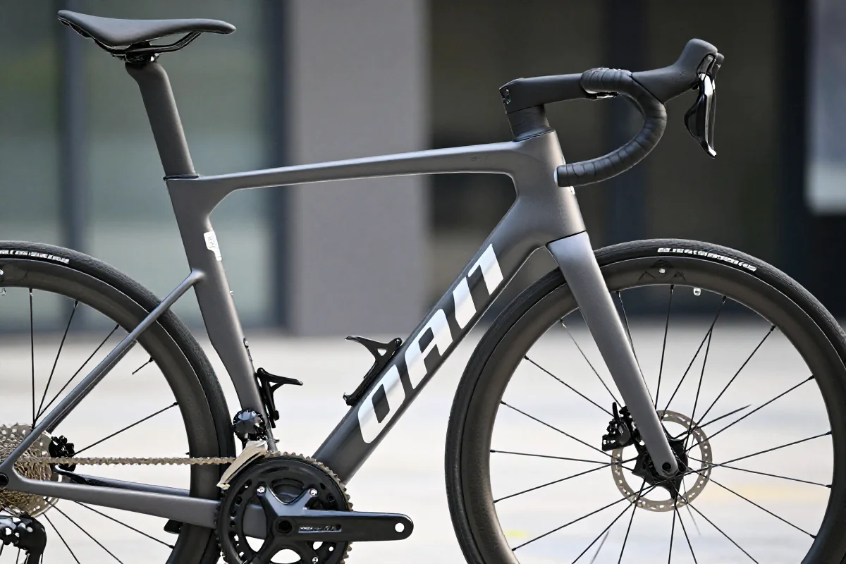 Szczegóły ramy roweru szosowego, ukazujące elementy odpowiedzialności cywilnej.