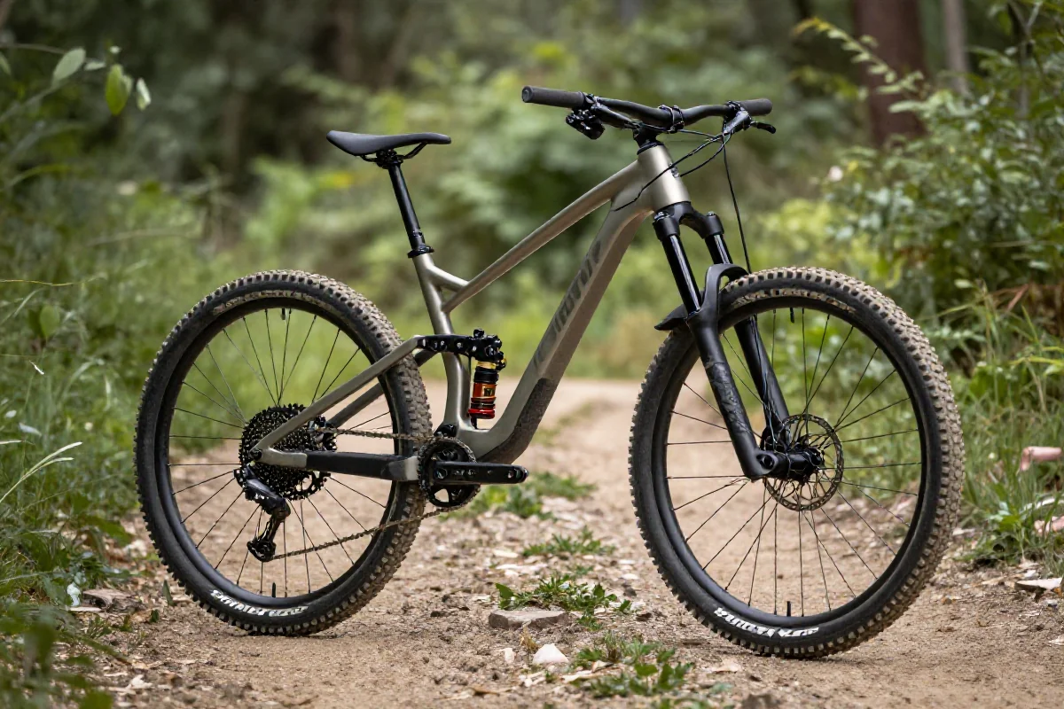 Rower górski na szlaku, ukazujący detale techniczne i wyposażenie.