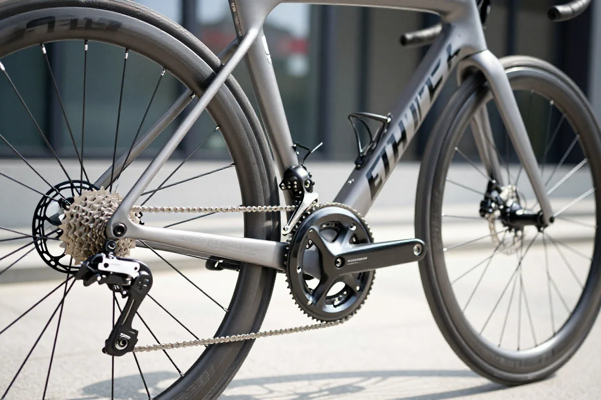 Szczegóły roweru szosowego, podkreślające elementy odpowiedzialności cywilnej rowerzysty.