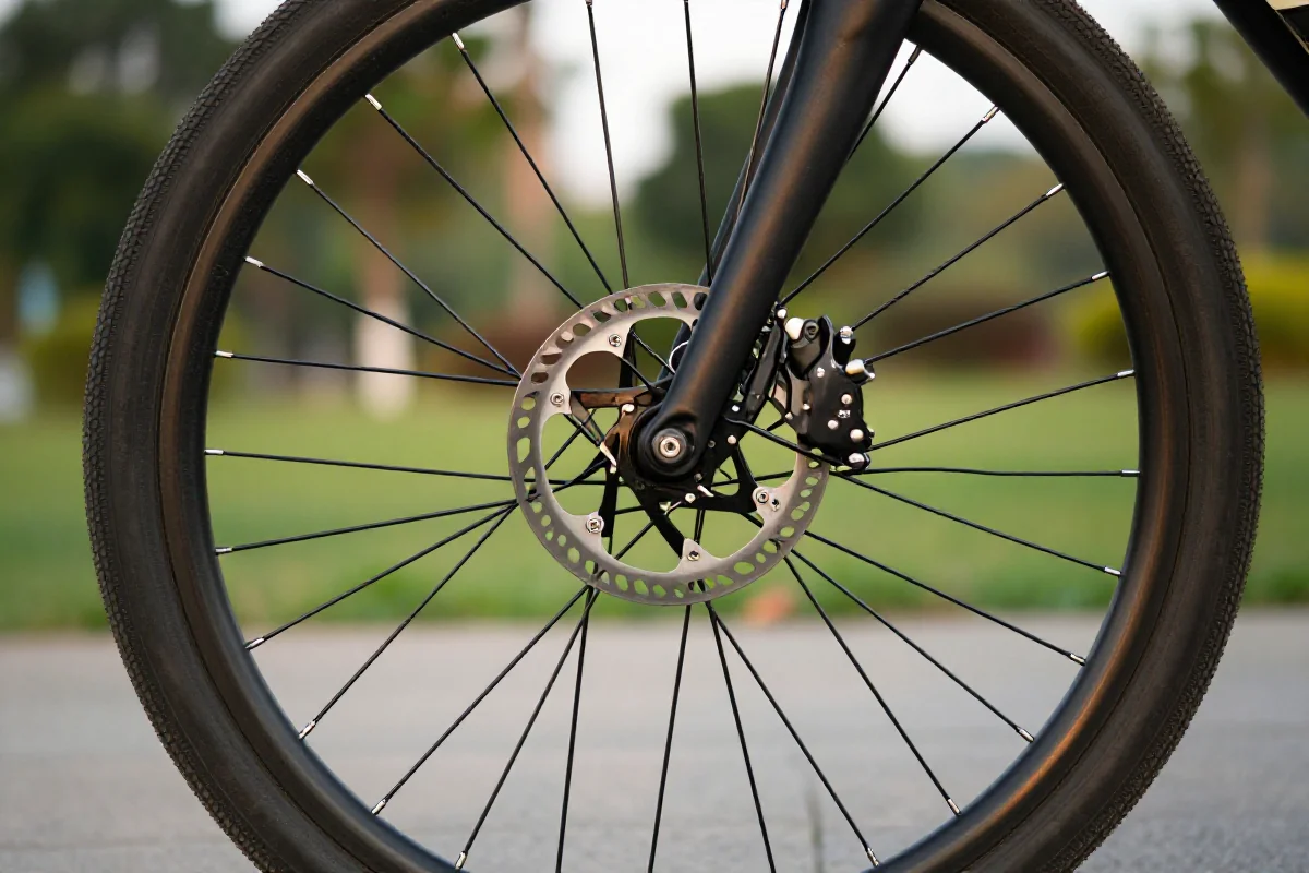 Rower z bliska: szczegóły koła i systemu hamulcowego w parku