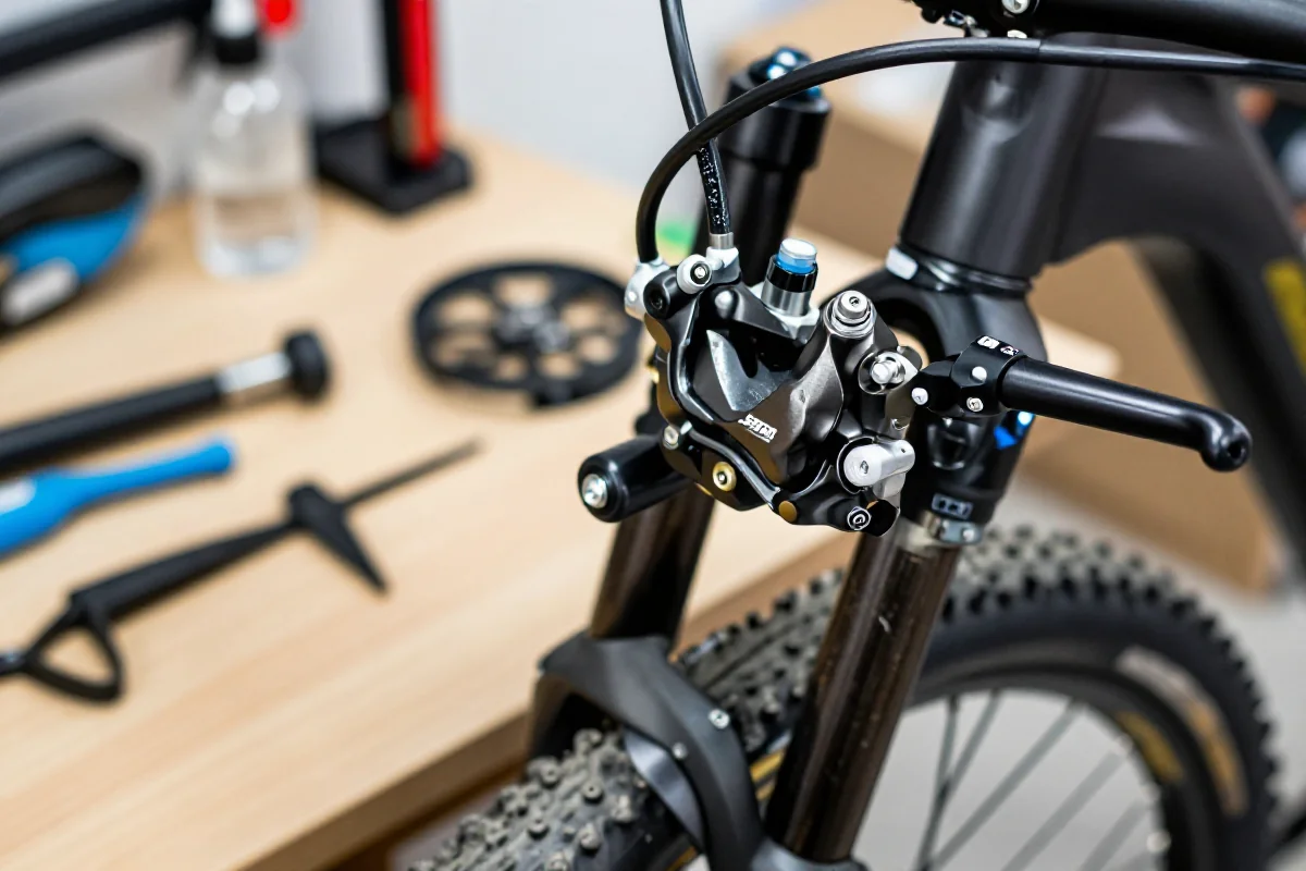 Zbliżenie układu hamulców hydraulicznych w rowerze górskim MTB.