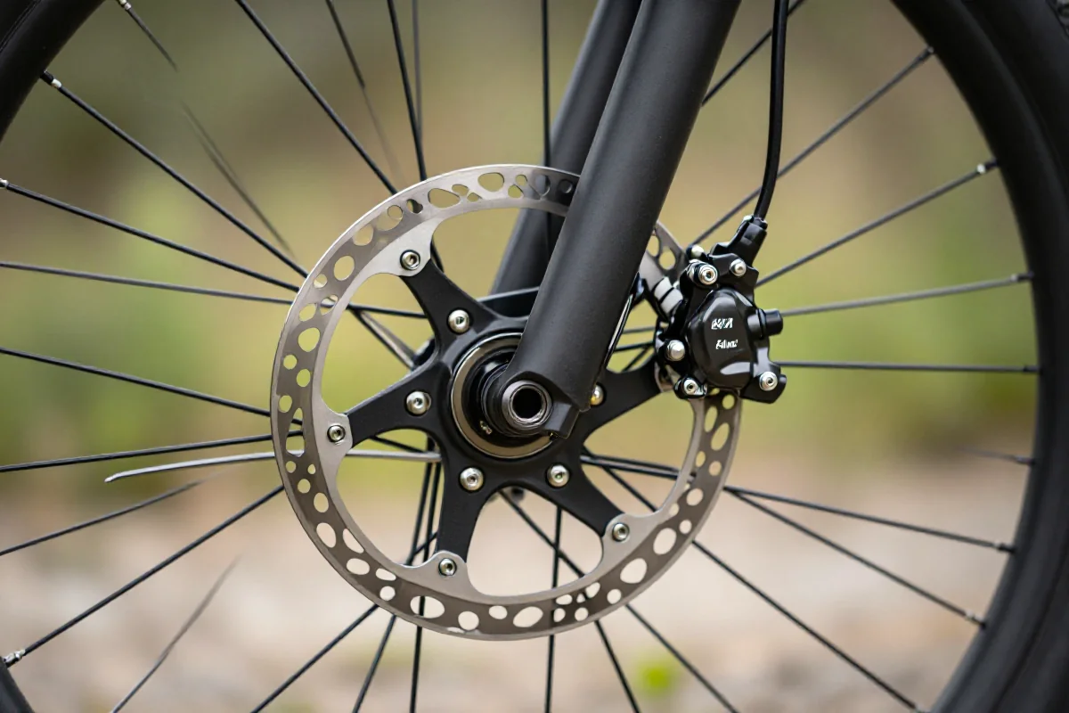 Blisko zdjęcie hydraulicznego hamulca tarczowego w rowerze MTB.