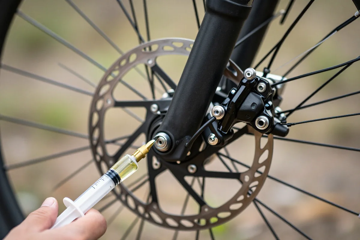 Widok hamulca hydraulicznego w rowerze górskim podczas odpowietrzania.