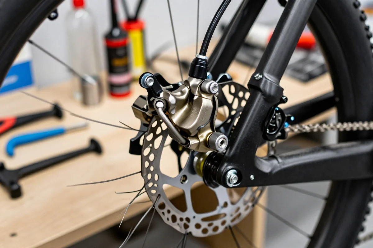 Hamulce hydrauliczne do roweru górskiego w warsztacie, detale i system odpowietrzania.