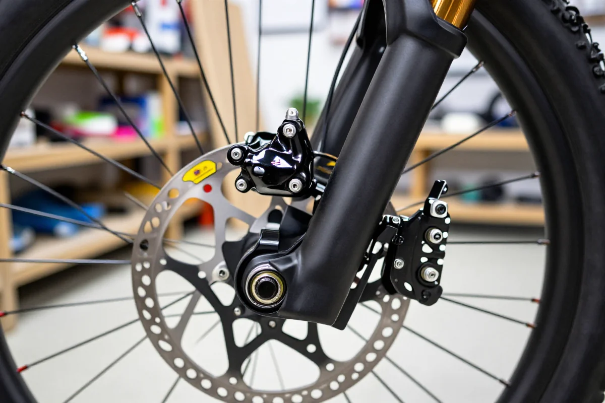 Blokada hamulców MTB z płynem DOT w warsztacie rowerowym.