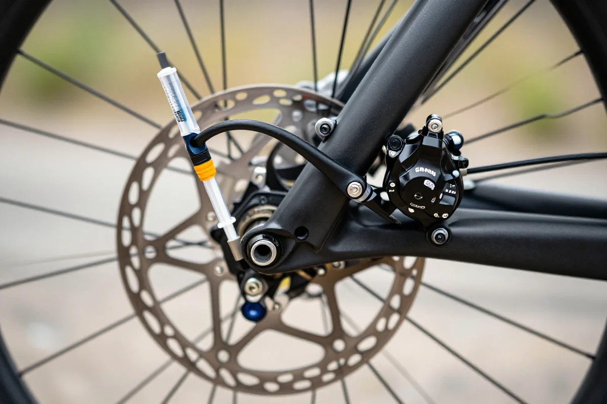 Widok na układ hamulcowy SRAM Level podczas odpowietrzania w rowerze górskim.