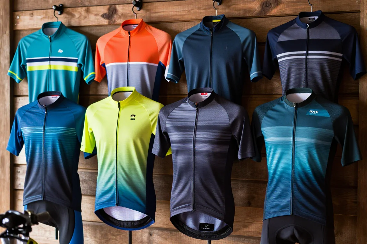 Zbiór koszulek MTB na tle drewnianym, podkreślający odzież górską.