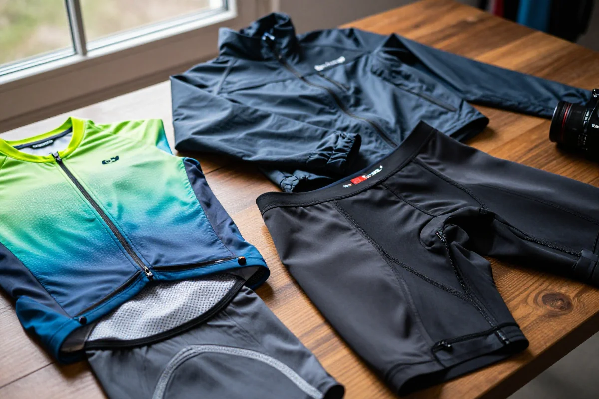 Odzież MTB na stole, w tym koszulka, kurtka i spodenki.