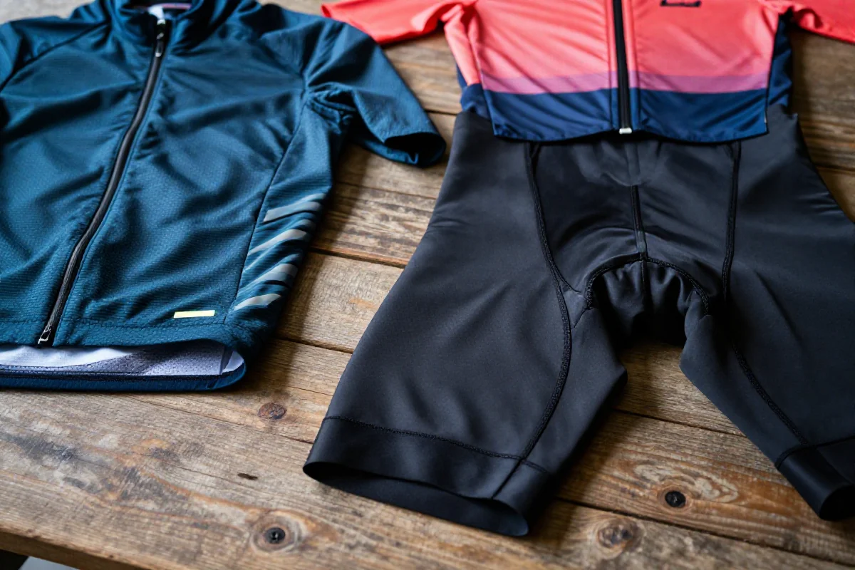 Funkcjonalna odzież rowerowa na drewnianym tle, w tym kurtka i spodenki.