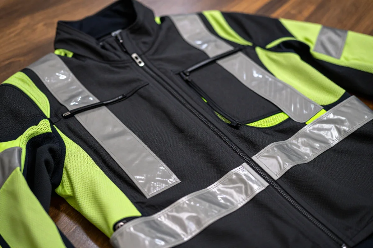 Odzież rowerowa z elementami odblaskowymi zapewniająca bezpieczeństwo po zmroku.