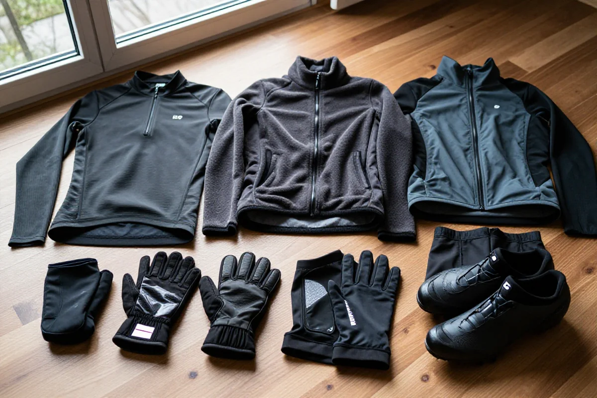 Zimowa odzież rowerowa i ogrzewane akcesoria na drewnianym blacie.