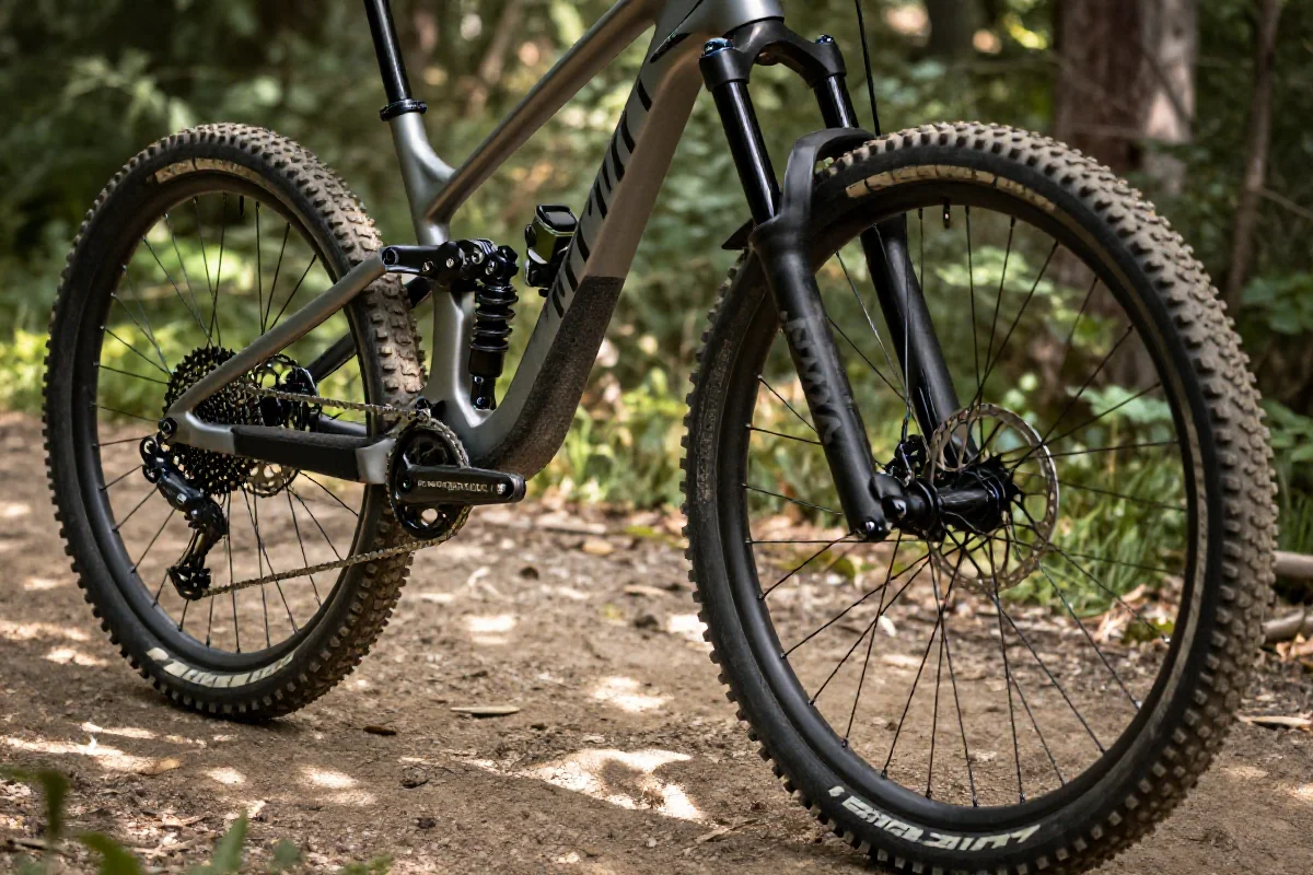 Rower górski na szlaku, pokazujący jego techniczne komponenty i detale.