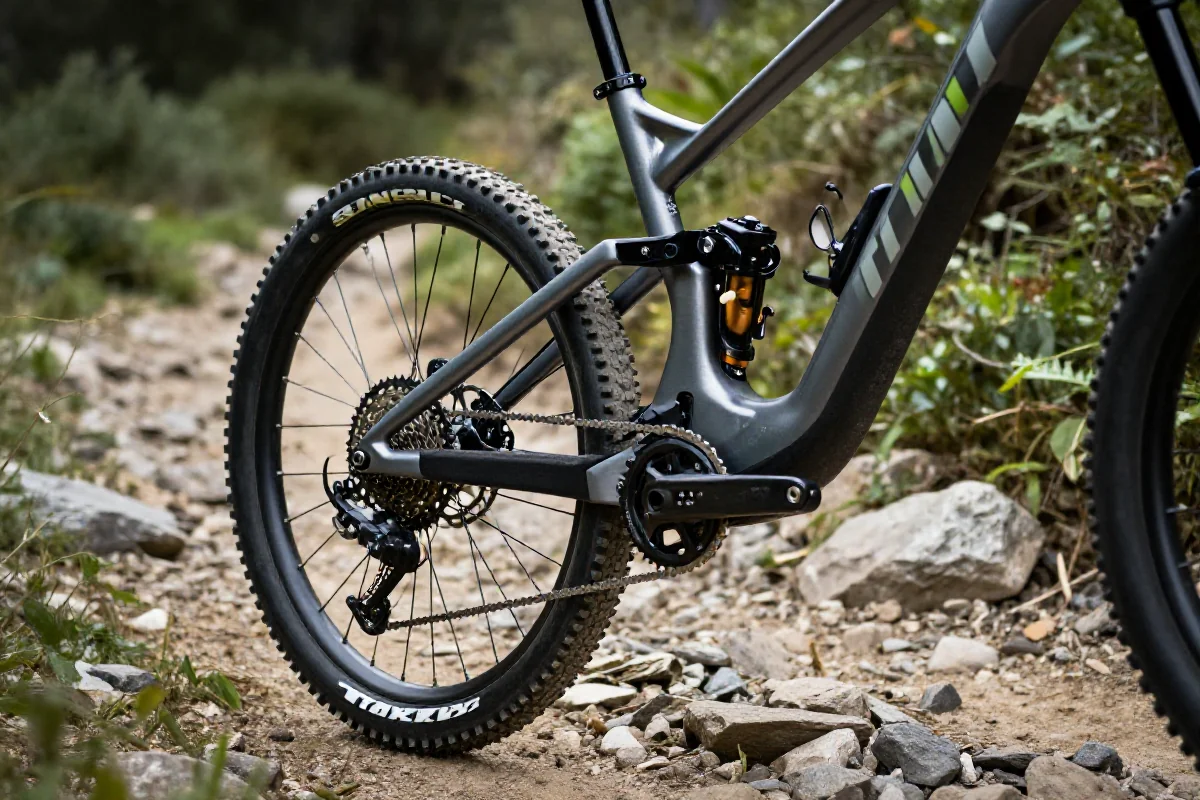 Wysokiej jakości rower górski z detalami układu napędowego i hamulców.