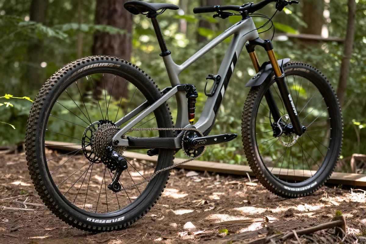 Nowoczesny rower górski na leśnym szlaku, szczegóły techniczne widoczne.