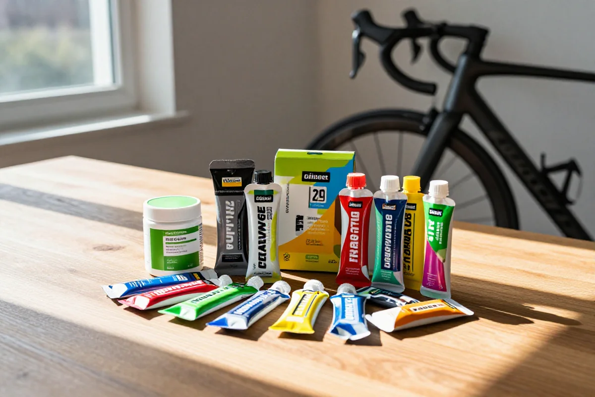 Różnorodne odżywki i suplementy kolarskie na drewnianym stole.