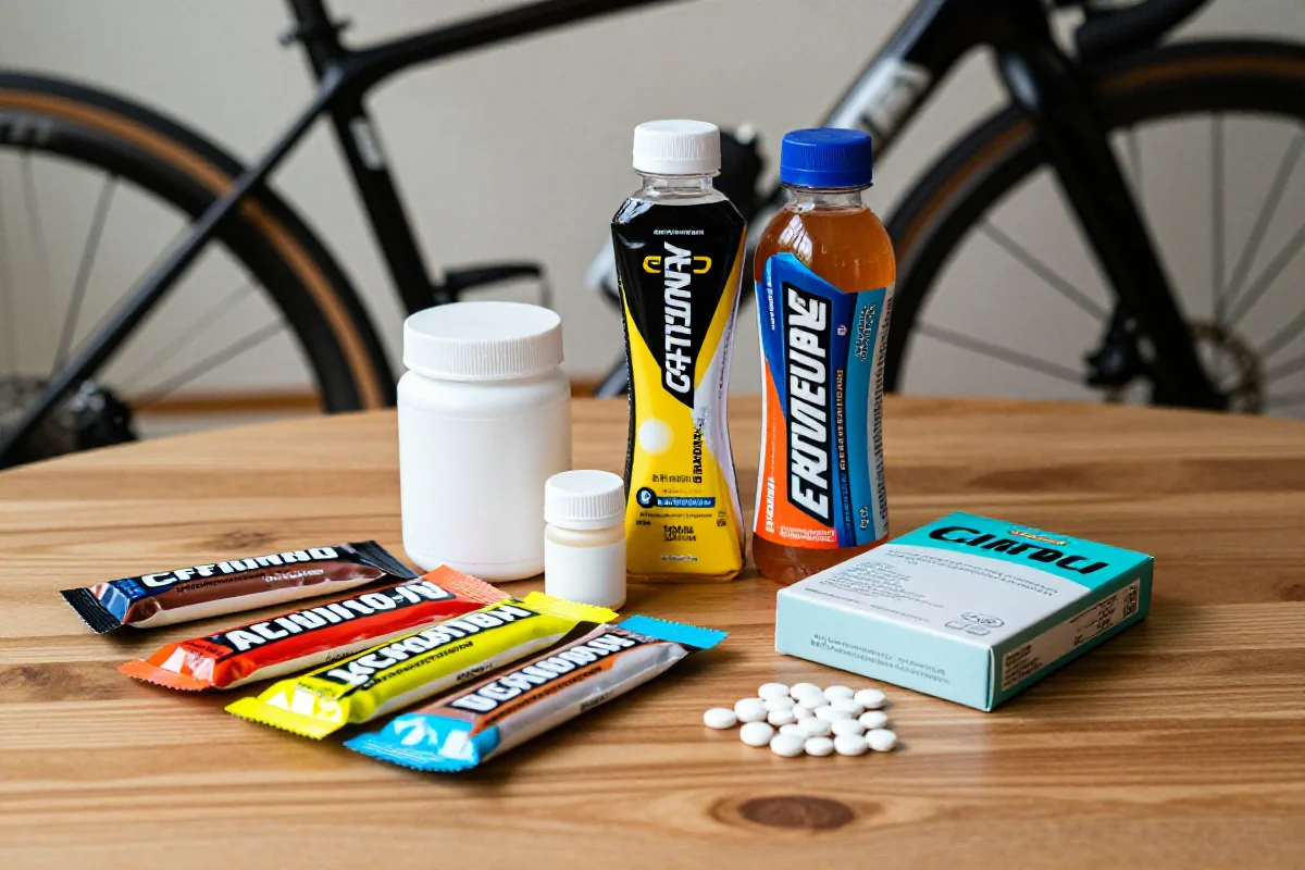 Różne odżywki kolarskie, w tym żele energetyczne i napoje izotoniczne.