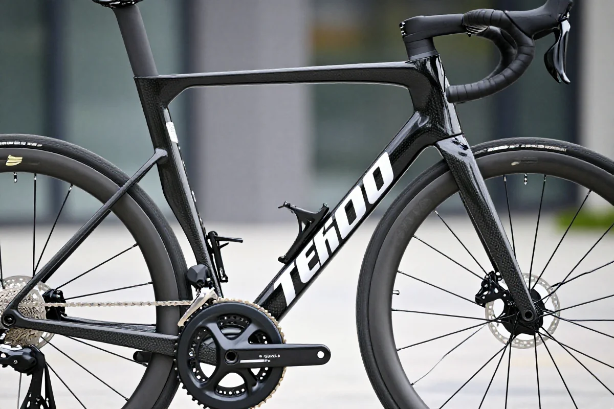 Rama roweru szosowego z detalami konstrukcji i komponentów.