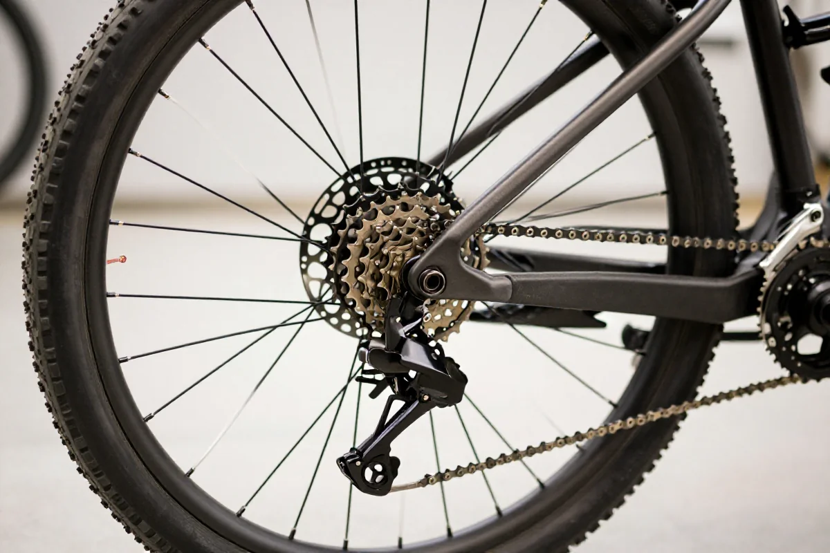 Szczegółowy widok ramy roweru górskiego i komponentów wytrzymałościowych.