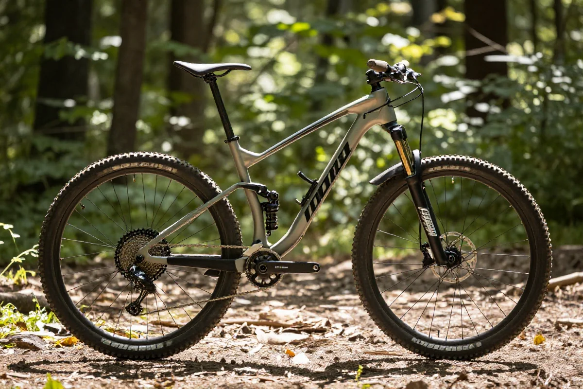 Rower górski w lesie z detalami ramy, kół i hamulców