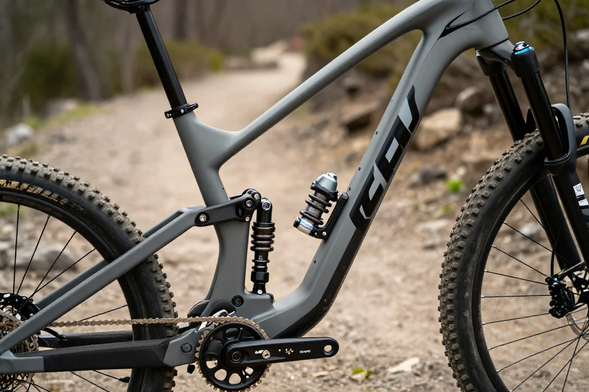 Nowoczesny rower górski na szlaku, ukazujący szczegóły techniczne ramy.