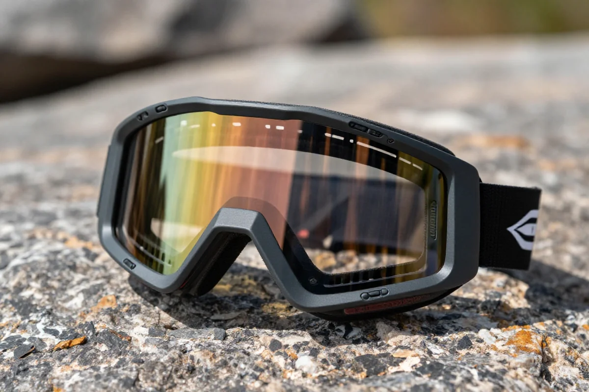 Gogle MTB na kamienistej powierzchni, idealne do ochrony oczu podczas jazdy.