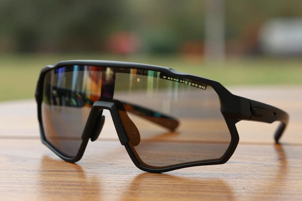 Okulary kolarskie z różnymi soczewkami na tle drewnianego stołu.