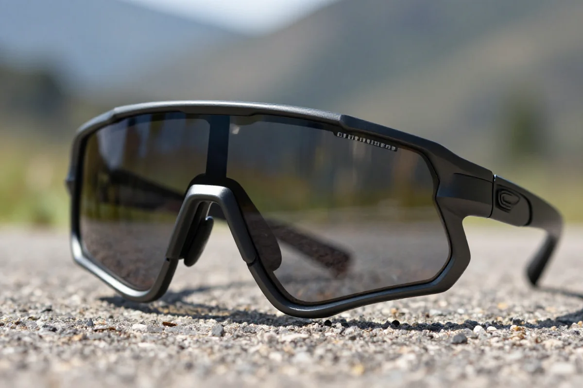 Okulary sportowe MTB z przyciemnionymi soczewkami w terenie górskim