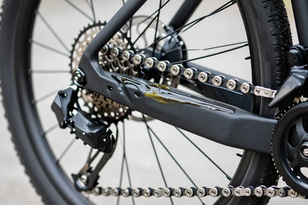 Zbliżenie na łańcuch e-bike pokryty suchym olejem smarującym.