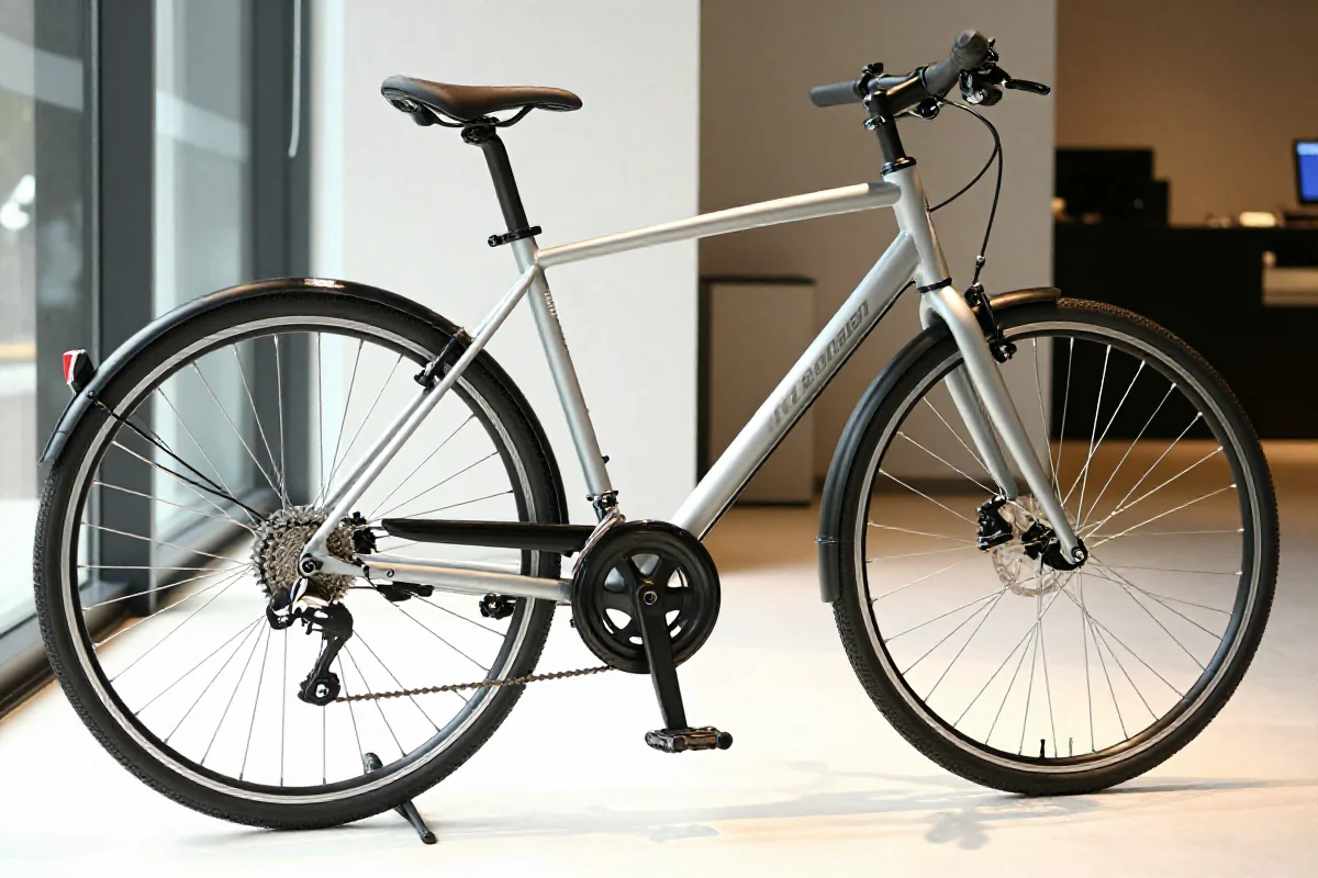 Używany rower miejski na sprzedaż w dobrze oświetlonym pomieszczeniu.