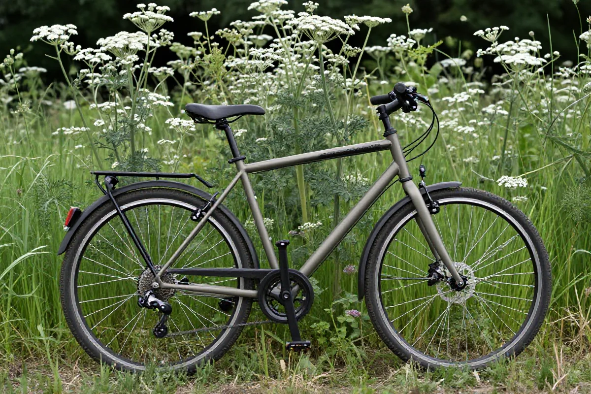 Rower w zielonym polu z barszczem Sosnowskiego w tle.