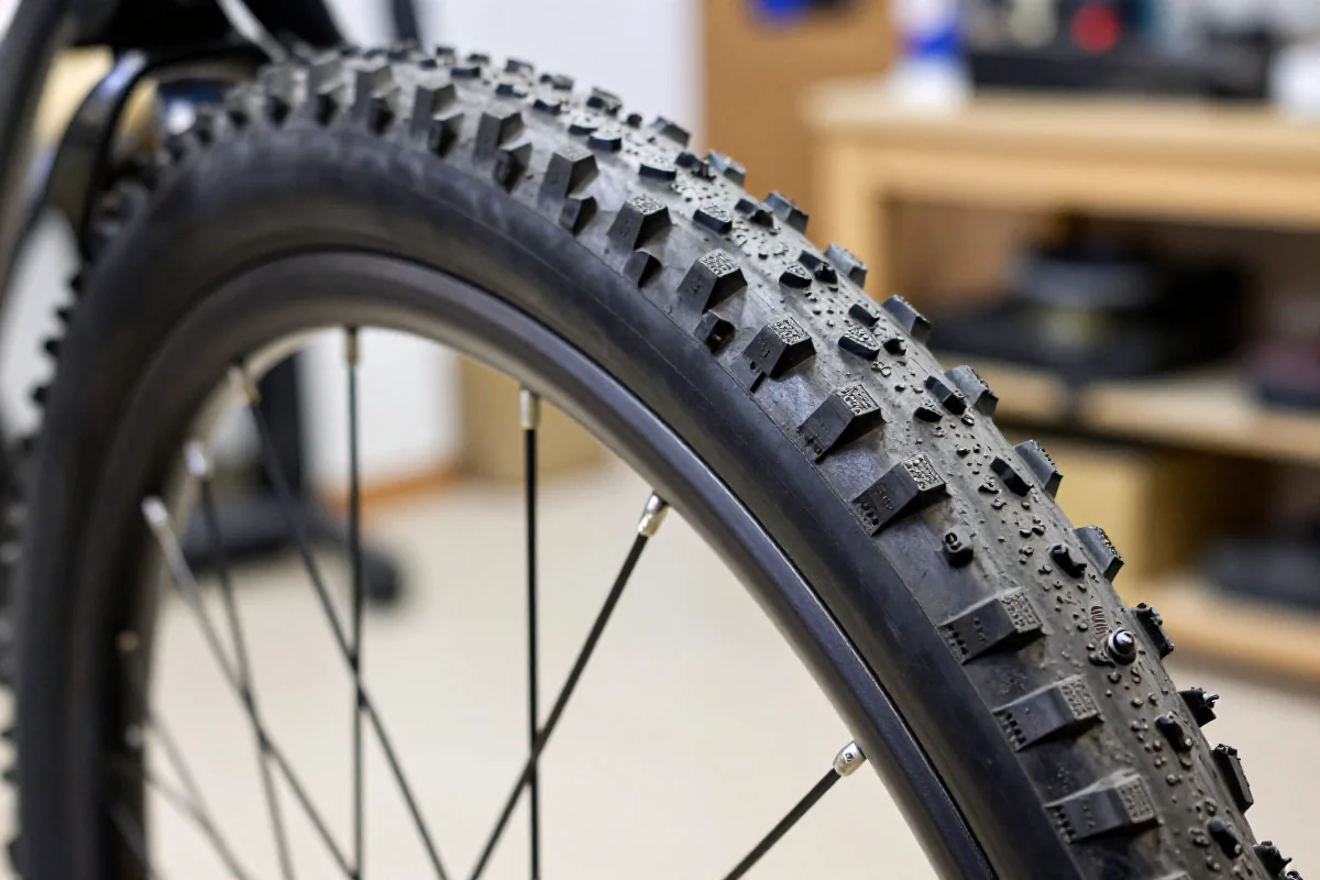 Zbliżenie na oponę tubeless w warsztacie rowerowym, pokazujące zawór i szczegóły obręczy.