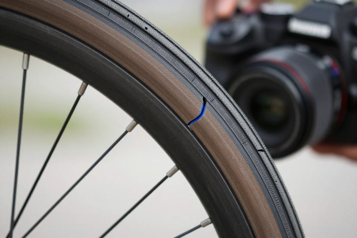 Zbliżenie na oponę tubeless, która nie jest poprawnie osadzona na feldze.