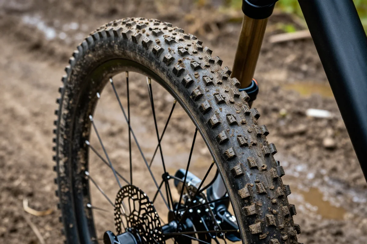 Opona rowerowa MTB do jazdy w błocie z agresywnym bieżnikiem.