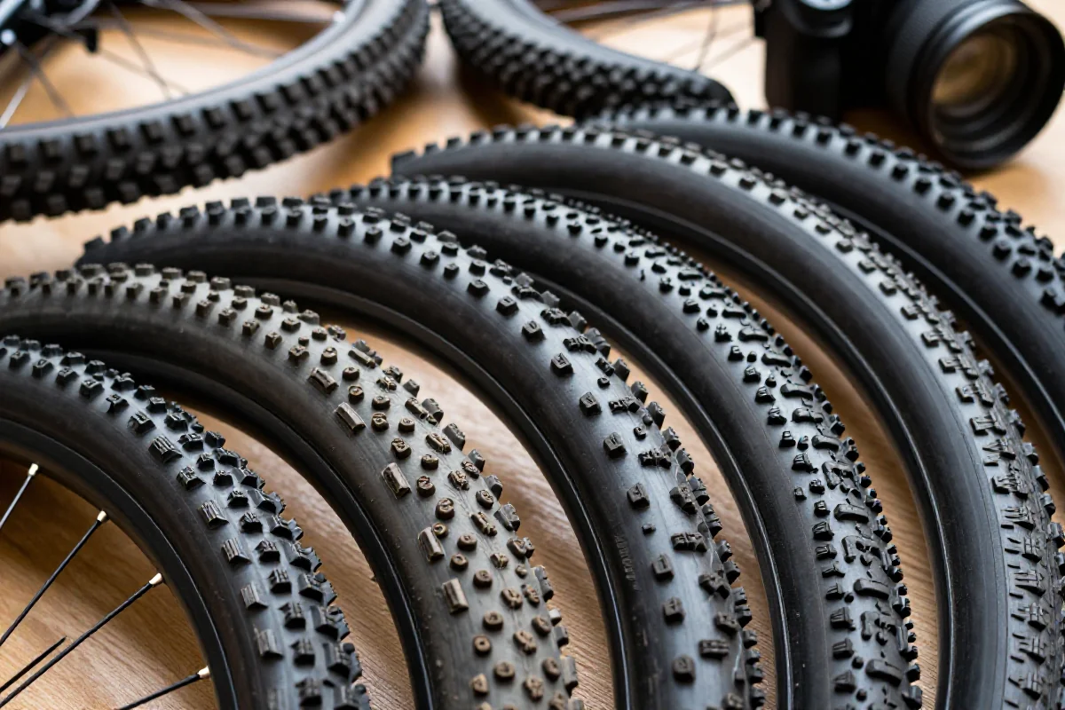 Różne opony MTB z różnymi bieżnikami na drewnianym tle.