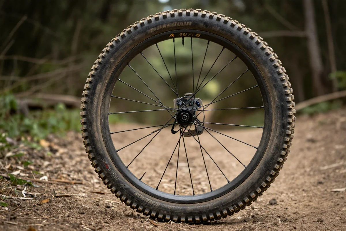 Opona plus-size MTB 2.8 na szlaku, z wyraźnym bieżnikiem.